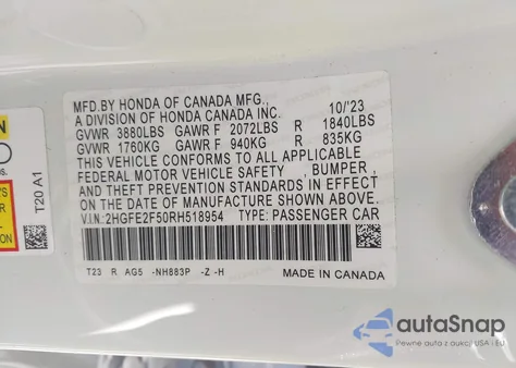 2024 Honda Civic Sport from USA, damaged, VIN 2HGFE2F50RH518954
